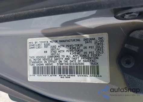 2001 Toyota Tundra Sr5 V8 z USA, uszkodzony, nr VIN 5TBRT34191S162686